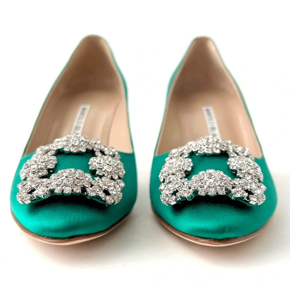 MANOLO BLAHNIK | Emerald Green Satin Jewel Buckle Crystal Pumps Heels US 6 EU 36 - Picture 7 of 15